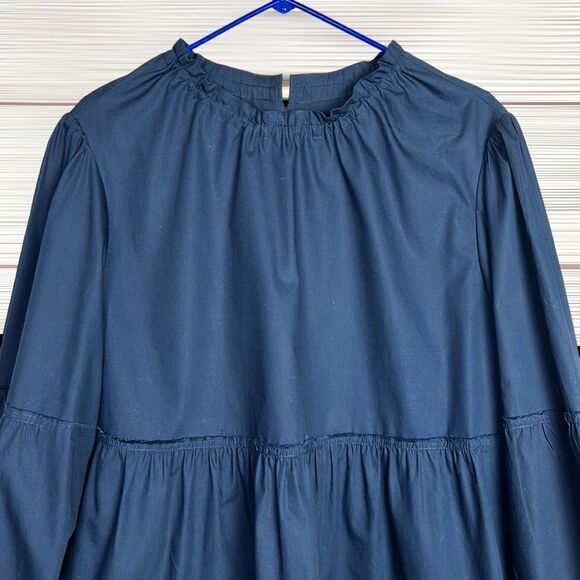 YUNE HO Cotton Navy Blue Peplum Top Relaxed Fit Blouse Drawstring Neck M - Picture 4 of 15